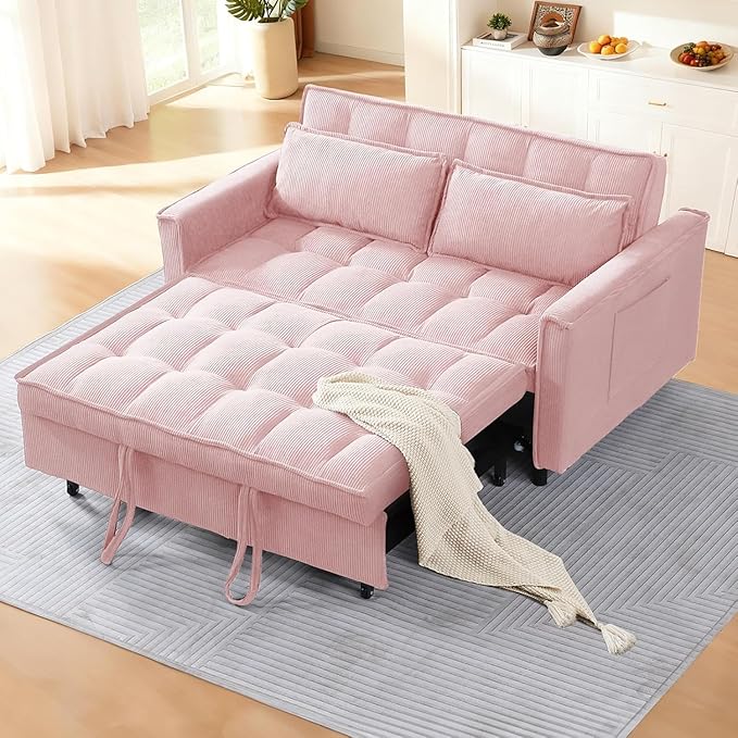 3 In 1 Corduroy Convertible Sofa BedPull Out Couch Bed with Reclining Backrest And 2 Pillows 54 Full Size Loveseat Sleeper Sofa Futon Couch Bed Couches For Small Spaces Living Room (Pink ①)