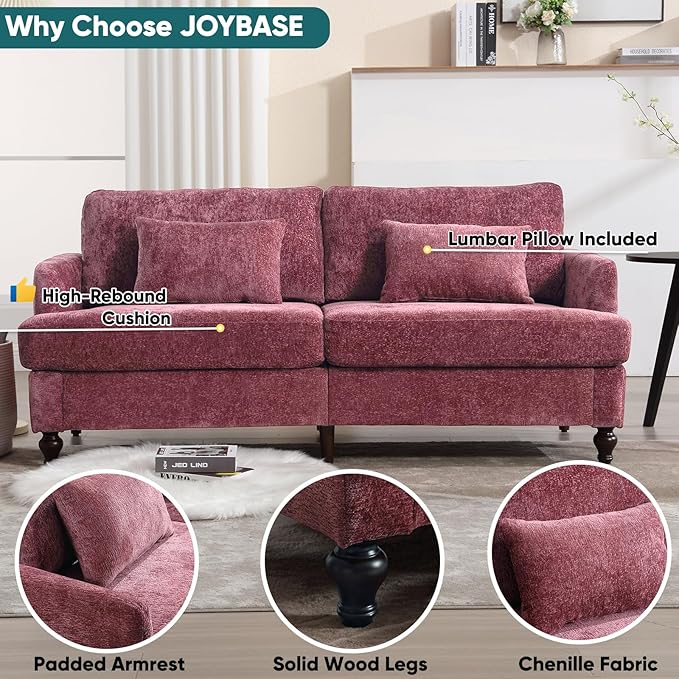 JOYBASE 70 inch Loveseat Sofa Mid-Century Modern Love Seat Couch with Wood Legs Upholstered Comfy Sofa for Living Room Apartment Office Bedroom (Wine Red Chenille)