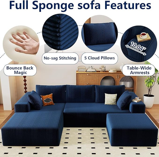 96 Modular Sectional Sofa with Ottoman Modern Corduroy Cloud Couch with Deep Seat Boneless Couch Upholstered 3-Seater U-Shaped Sofa for Living Room No Assembly (Blue Left-Facing Chaise)
