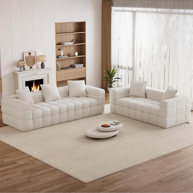 Chenille Cloud Sofa Couch Set with 5 Soft PillowsComfy Upholstered LoveSeat Sofa SetModern Deep Seat Sherpa Cloud Couch Oversized Love Seat for Living RoomBeige White