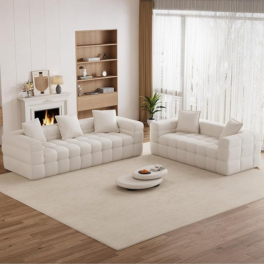 Chenille Cloud Sofa Couch Set with 5 Soft PillowsComfy Upholstered LoveSeat Sofa SetModern Deep Seat Sherpa Cloud Couch Oversized Love Seat for Living RoomBeige White