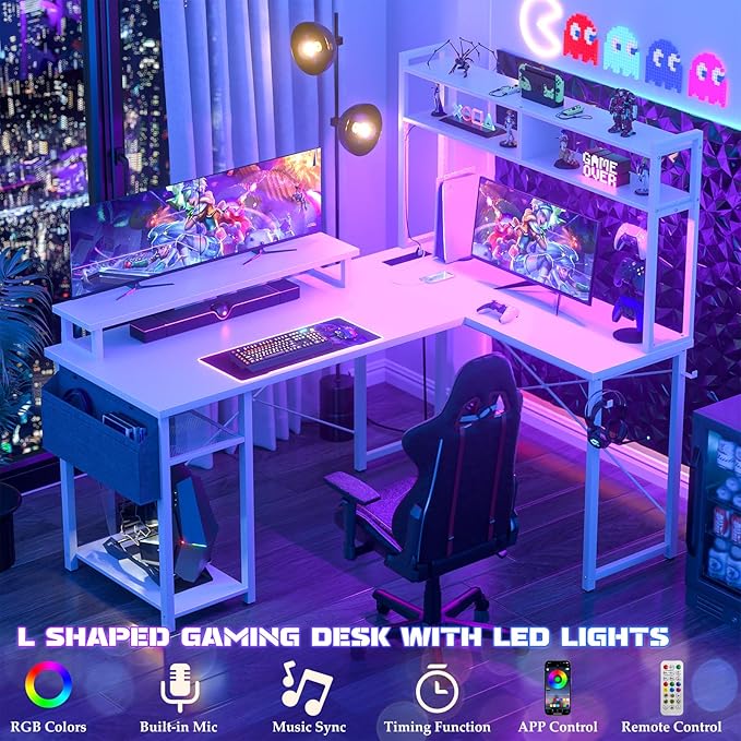 Aheaplus Small L Shaped Desk with Charging Port &amp LED Strip Reversible L-Shaped Gaming Desk Computer Desk with Monitor Stand &amp Storage Shelf Corner Desks Home Office Desk with Storage Bag W