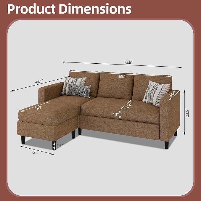 JAMFLY Sectional Sofa Couch Convertible L Shaped Sofas with Ottoman Small Sectional Couches for Living Room 3 Seater Couch for Small Spaces Brown