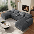 133 Oversized U Shaped Cloud Couch Modular Sectional Couches for Living Room Comfy Corduroy Deep Seat Sofa Set with Double Chaise Lounge Storage Central Console Cup Holders USB Port Dark Grey