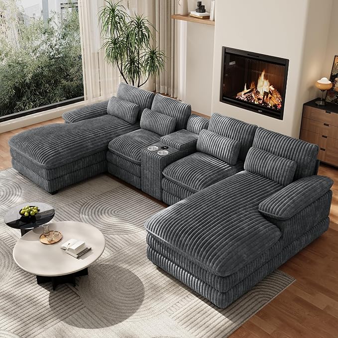 133 Oversized U Shaped Cloud Couch Modular Sectional Couches for Living Room Comfy Corduroy Deep Seat Sofa Set with Double Chaise Lounge Storage Central Console Cup Holders USB Port Dark Grey