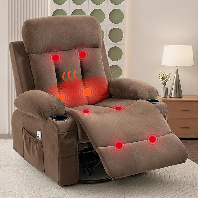360° Swivel Rocking Chair Rocker Recliner Chair with Vibration Massage and Heat Ergonomic Lounge Chairs with Rocking Function and Side Pocket Cup Holders Brown