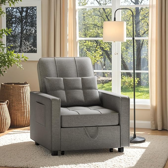 Flamaker Sofa Bed Sleeper Sofa 3-in-1 Adjustable Couch Bed with Modern Linen Fabric Convertible Sleeper Chair Couches for Living Room Apartment and Small Space (Bright Gray)
