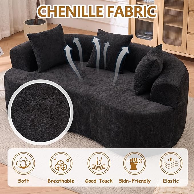 Luxury 80” Curved Loveseat Sofa Chenille Curved Couch with 2 Big Pillows &amp Extra Wide Armrests Comfy Upholstered Oversized Loveseat Couch &amp Sofa for Living Room (Black 80 Inches)