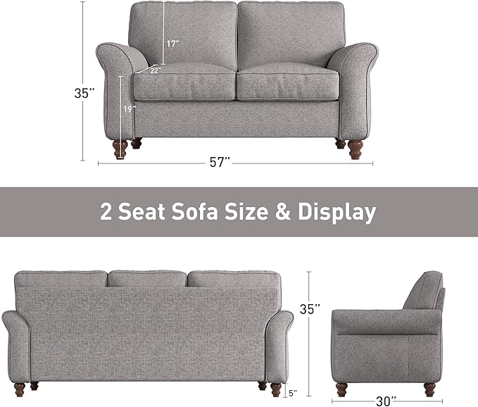 Bonzy Home 57 Loveseat Sofa 2 Seater Sofa for Living Room Upholstered Comfy Sofa Couch for Small Space Living Room Apartment Office Grey