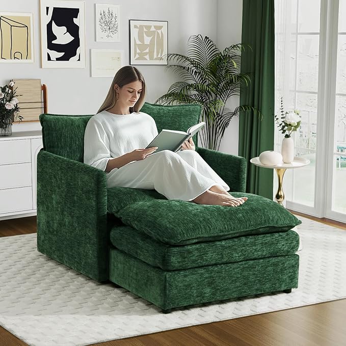 Oversized Accent Chair with Ottoman Modern Cloud Chaise Lounge Chair Indoor with Deep Seat Upholstered Comfy Armchair Reading Chairs Sofa for Bedroom Living Room Apartment Green Chenille