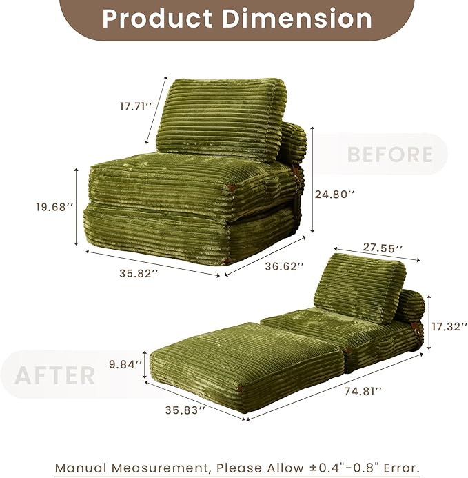 ovios Folding Sofa Bed Foldable Sleeper Chair Floor Futon Comfy Portable Convertible Fold Out Lounge Chairs for Living Room Bedroom Green