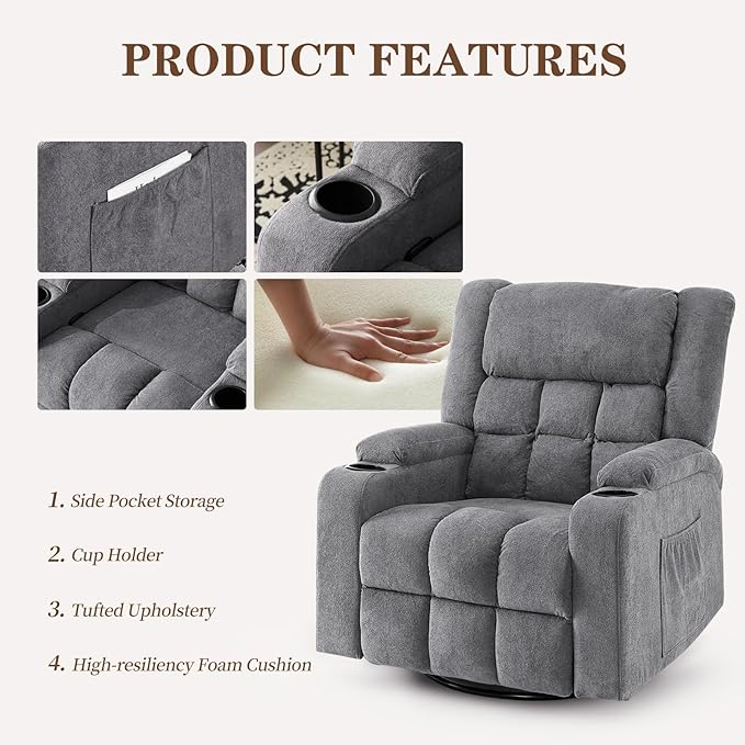 Furnimart 360° Swivel Rocker Recliner Chair for Adult Manual Recliner Chair with Massage and Heat Chenille Glider Rocker Chaise Lounge for Living Room Bedroom Home Theater (Gray)