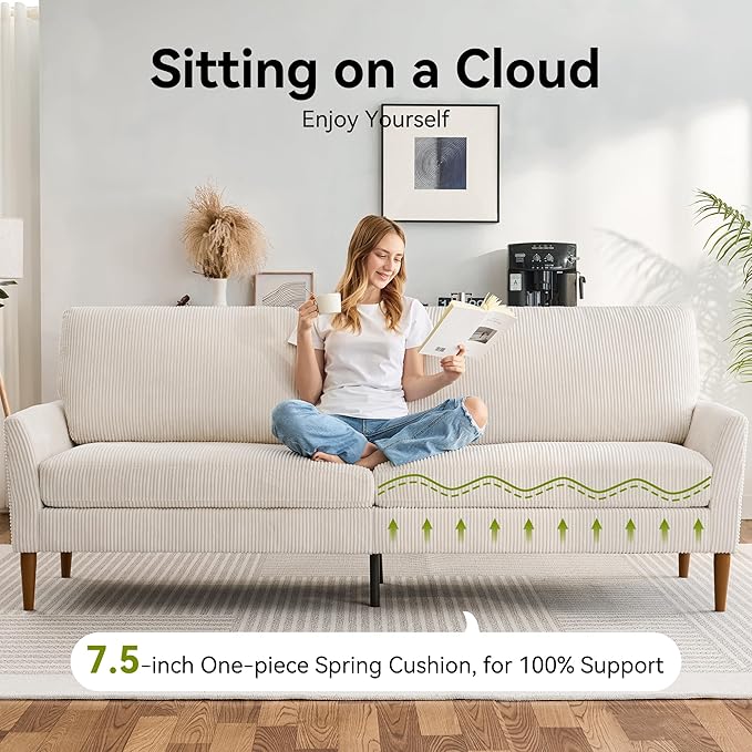 88 Loveseat Sofa Comfy White Corduroy Couches for Living Room Modern Oversized Love Seat Sofa Tool-Free Setup Large Couches for Bedroom Office
