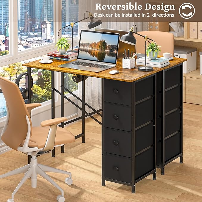 Small Computer Desk with 4 Fabric Drawers 36 Inch Reversible Writing Desk for Home Office Bedroom Modern Simple Kids Student Study Desk with Storage Compact Desk for Small Spaces Rustic Brown