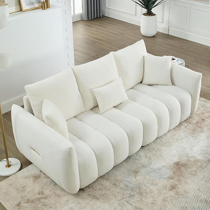Teddy Cloud Sofa Couch Comfy Upholstered Sherpa Deep Seat Boucle Sofa Cozy Modern 3 Seater Couch with 3 Pillows Oversized Loveseat for Living Room Apartment Office Beige White