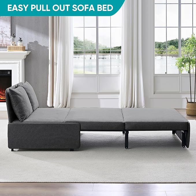 BALUS 43W Twin Pull Out Sofa Bed Sleeper Couch with Pullout Beds 2 in 1 Convertible Linen Sleepers Sofa Single Chair with Pillows and 3.9 Foldable Mattress for Small Space Apartment Loft Dark Grey