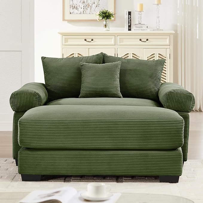 ERYE Modern Corduroy Upholstered Accent Chair and Ottoman Set Oversized Wider Seat Armchair Leisure Comfy Lounge Chaise with Removable CushionArmrests and 3 Pillows