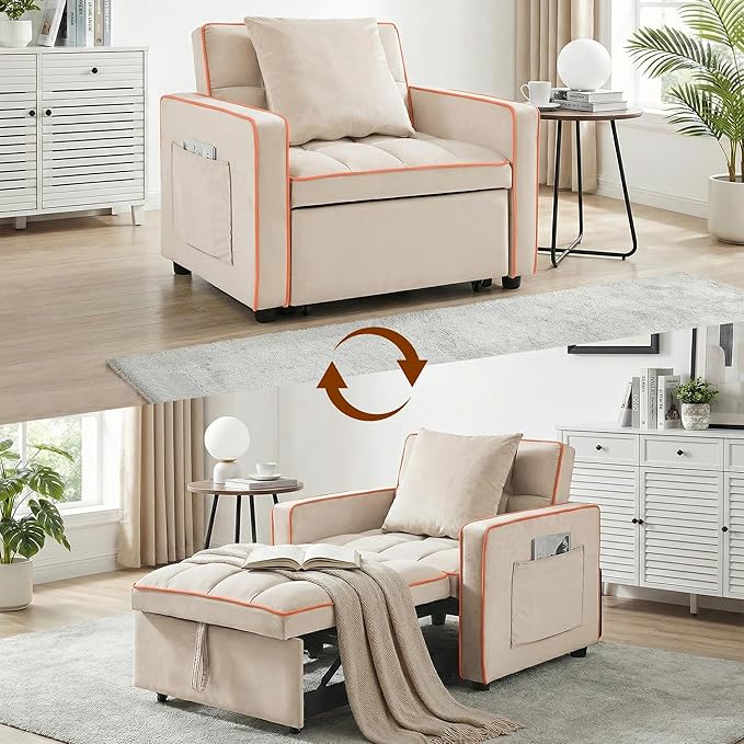 Convertible Sleeper Chair 68.5 Inch Futon Sofa Bed Single Sleeper Sofa Small Couch Bed with Side Pocket Adjustable Backrest for College Dorm Bedroom Studio Apartment