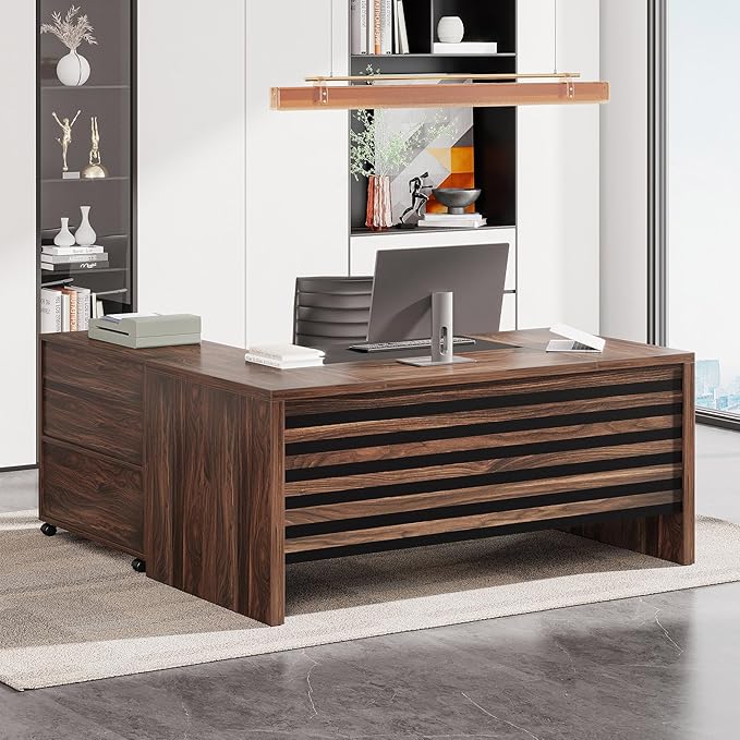 Tribesigns 62.2 Executive Desk with Mobile File Cabinet L-Shaped Office Desk with Storage Shelves Large Computer Table Business Workstation Set for Home Office Dark Brown
