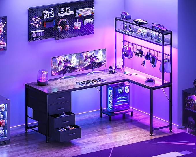 AODK L Shaped Gaming Desk with Hutch 59 Computer Desk with 4 Drawers &amp Storage Shelves Reversible Corner Desk with LED Light &amp Power Outlets Gamer Table for for Home Office Gray Oak