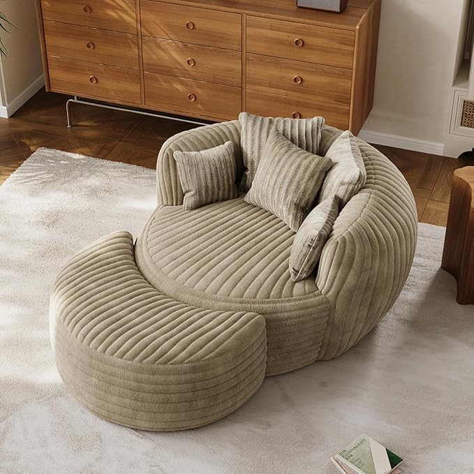 50 Oversized Chaise Lounge Indoor Round Reading Chair Lounge Chair with Ottoman Boneless Sofa Bed Large Fluffy Plush Corduroy Chaise Chair for Living Room Playroom Bedroom Camel
