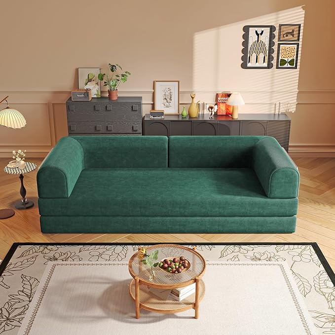Folding Boneless Couch Convertible Sleeper Sofa Bed Futon Lounge Chair Boneless Corduroy Loveseat with Pull Out Bed Floor Sofa Modular Couch for Living Room Basement Movie Theater Room Green