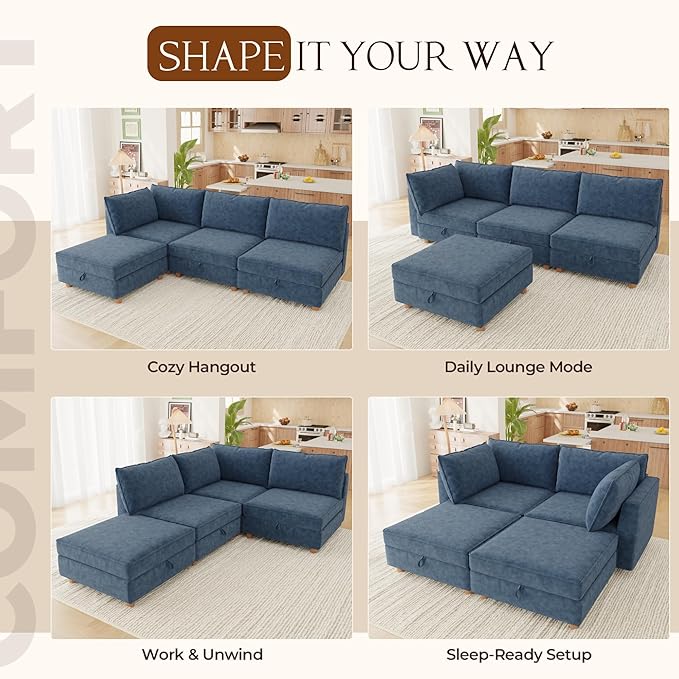 93'' Modular Sectional SofaFSC Certified 4 Seater Sectional SofaChenille Couch with Removable Washable CoversModern Couch with OttomanU Shaped Couch with StorageBlue Couches for Living Room
