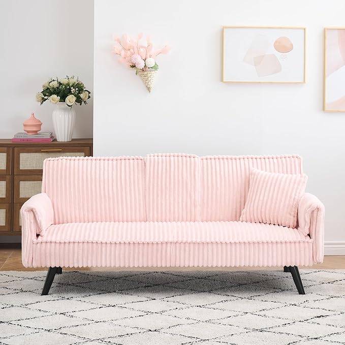 72 Modern Corduroy Sofa Bed FutonConvertible Sleeper Couch Bed with Cup Holder4 Reclining PositionsFolding Sofa Cloud Loveseat for Small Living Room Apartment Office (Pink-New)