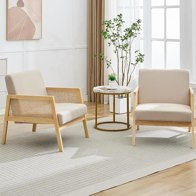 Accent Chair Modern Luxurious Upholstered Armchair Chair Comfy Lounge with Sturdy Wood Legs for Living Room Bedroom Patio Indoor Outdoor Decor Set of 2 Beige