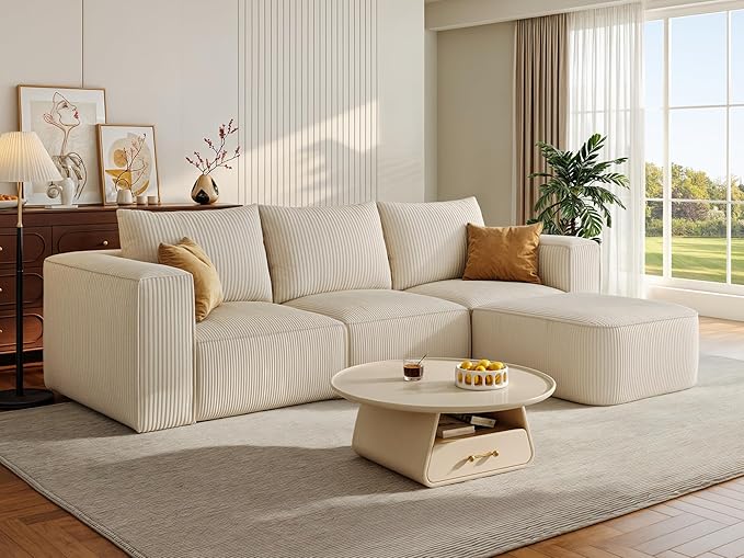 YITAHOME 107 Inch Cloud Modular Sofa with L-Shape Chaise Deep Seat &amp 3 Pillows Corduroy Couch for Living Room Bedroom No Assembly Needed Milky White