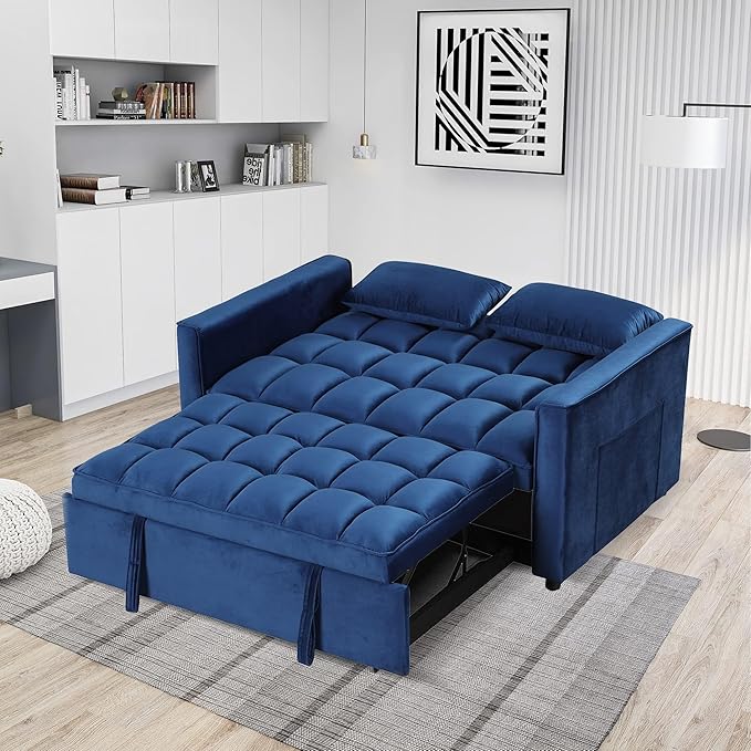 EBELLO 3 in 1 Convertible Sleeper Sofa Bed Modern Velvet Loveseat Couch Pullout Bed for Living Room Small Love Seat Lounge Sofa with Reclining Backrest Pillows and Side Storage Pocket Blue