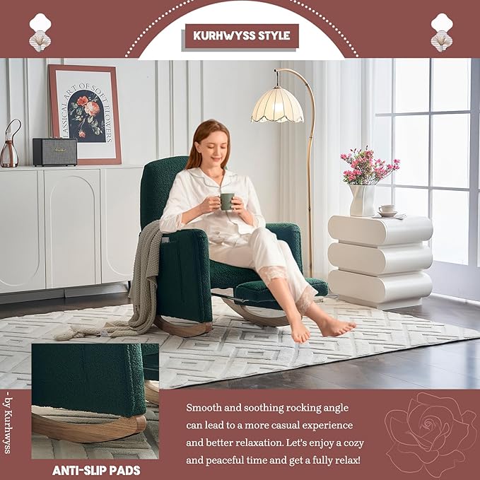 Modern Rocking Chair Nursery Comfy Glider Nursery Chair with Foot Rest Upholstered Rocker with Pocket Accent Reading Armchair with Solid Wood Base for Living Room Bedroom Lounge Room (Green)