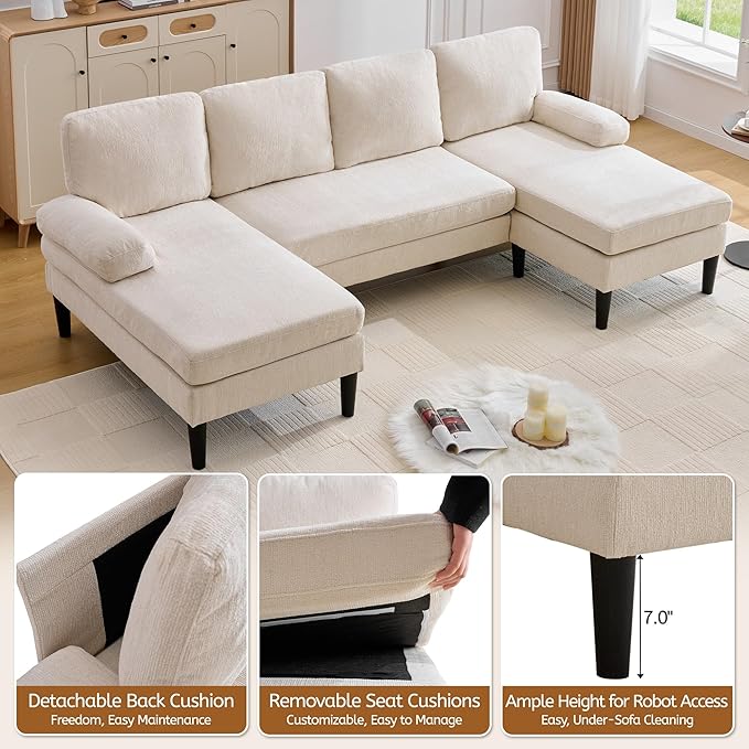 101 U-Shape Sectional Couch for Living Room 4 Seat Sofa with Removable Pillows Modern Chenille Fabric Sets with Double Chaise Lounges for Apartment&ampSmall Space Beige