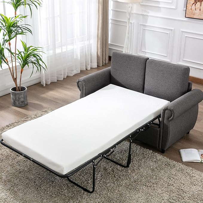 Merax 57.9 Loveseat Sofa Couch with Pull Out Bed 3 in 1 Convertible Line Fabric Sleeper Sofa Bed with 2 USB Ports and Twin Size Memory Mattress for Apartment Office Living Room (Grey)
