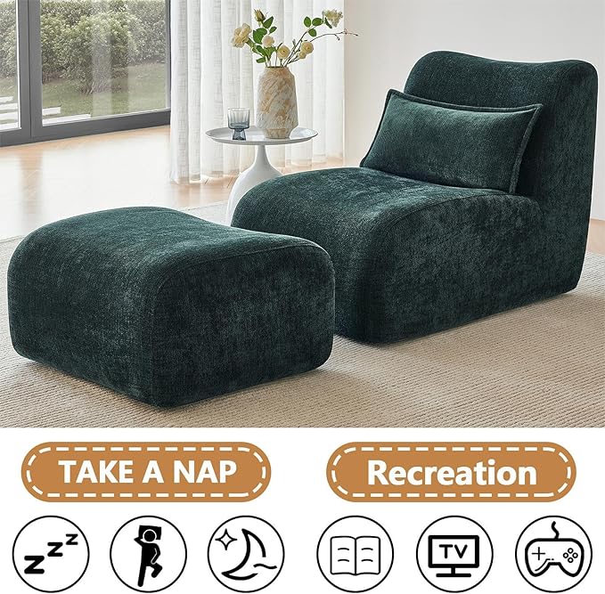 27” Oversized Lazy Sofa Chair and Ottoman Set Chaise Lounge Chair Indoor with Pillows Comfy Reading Couch for Adults Suitable for Living Room Small Spaces Memory Foam Chenille (Green-2)
