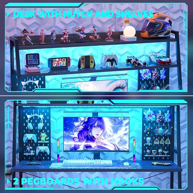 Gaming Desk with Hutch and LED Lights Gaming Computer Desk with Power Outlets Gamer Desk with Storage Shelves PC Game Desks with Pegboards for Bedroom Carbon Fiber Black 49