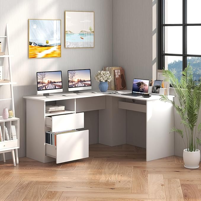GOFLAME L-Shaped Desk 59 Corner Computer Desk with File Drawer &amp Open Shelf Large Workstation w/ 2 Cable Management Holes Writing Study Desk for Home Office White