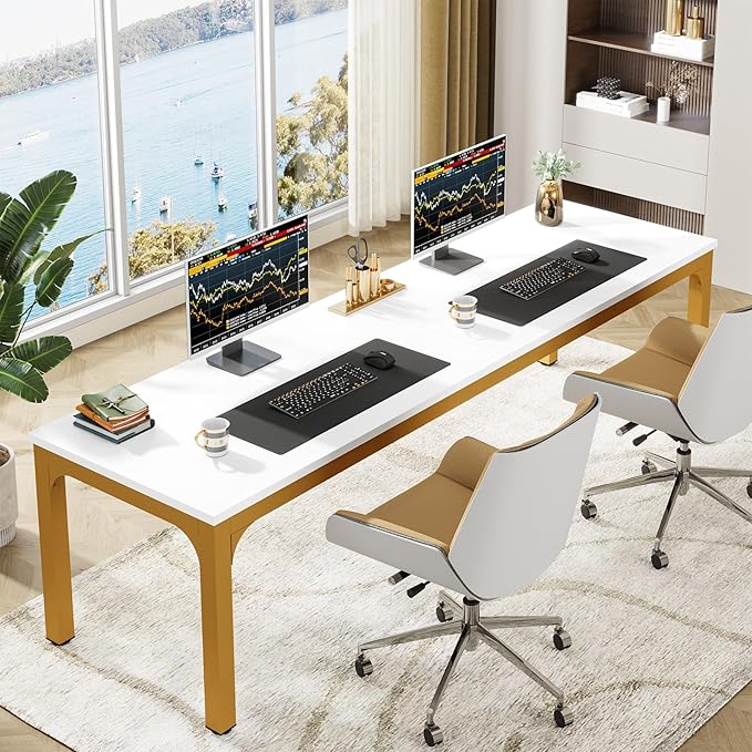 Tribesigns Modern 78.7 Inches Extra Long Computer Desk 2 Person Desk Double Long Desk Workstaion for Home Office White+Gold