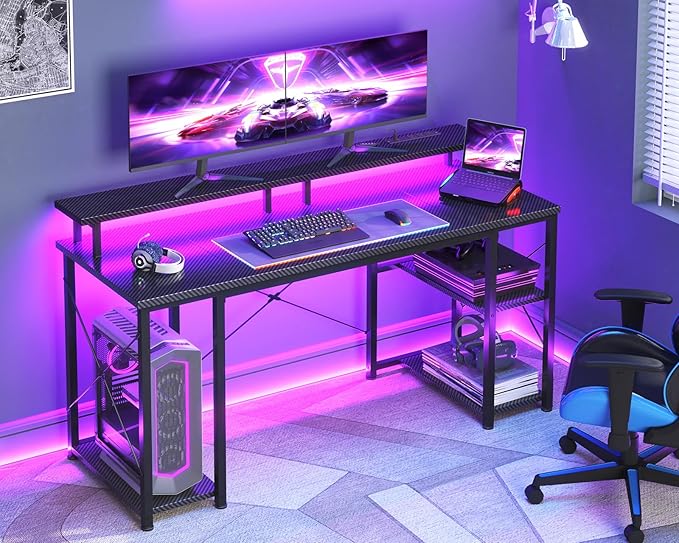 ODK 55 Inches Gaming Desk with LED Lights Computer Desk with Monitor Stand Pc Table with CPU Stand Carbon Fiber Black