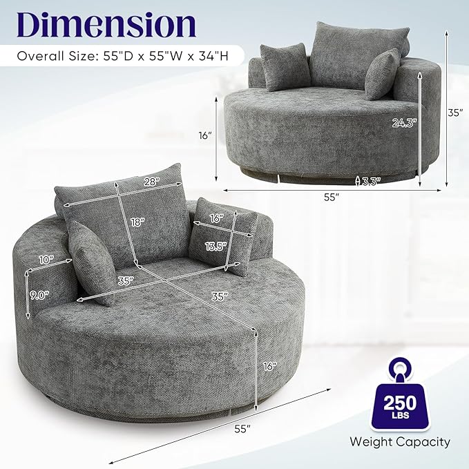 Oversized Round Swivel Chaise Longue Chair Indoor Modern 55-inch 360 Degree Swivel Upholstered Waffle Chenille Deep Seat Circle Single Cloud Sofa Chair for Living Room Bedroom Apartment Office Grey