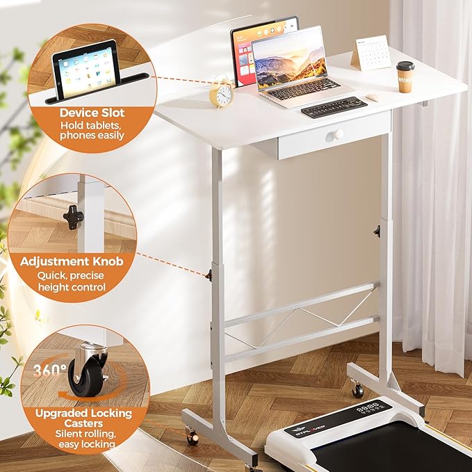 GTPLAYER Small Mobile Standing Desk 32In Wide Adjustable Height Stand Up Desk for Home Office Portable Sit Stand Rolling Computer Desk with Wheels Storage Drawer and Slot White Walking Laptop Table