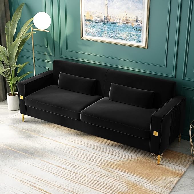 85 Velvet SofaMid-Century Modern Chesterfield 3 Seat Comfy Couch with Pillows Set of 2 for Living RoomBedroomApartment Furniture with Gold Metal Legs (P18-Black)