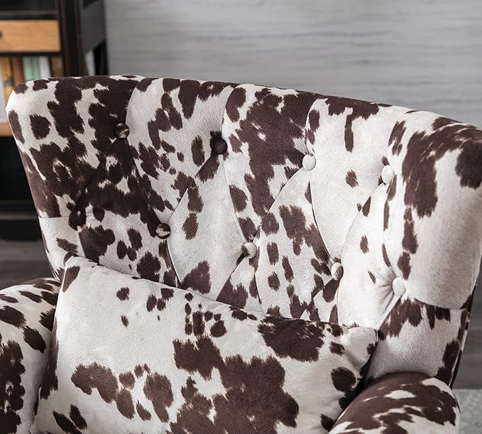 Mid Century Modern Accent Chair Upholstered Armchair Comfy Cowhide-Print Fabric Single Sofa with Tufted Wingback for Small Spaces Bedroom Living Room Cow