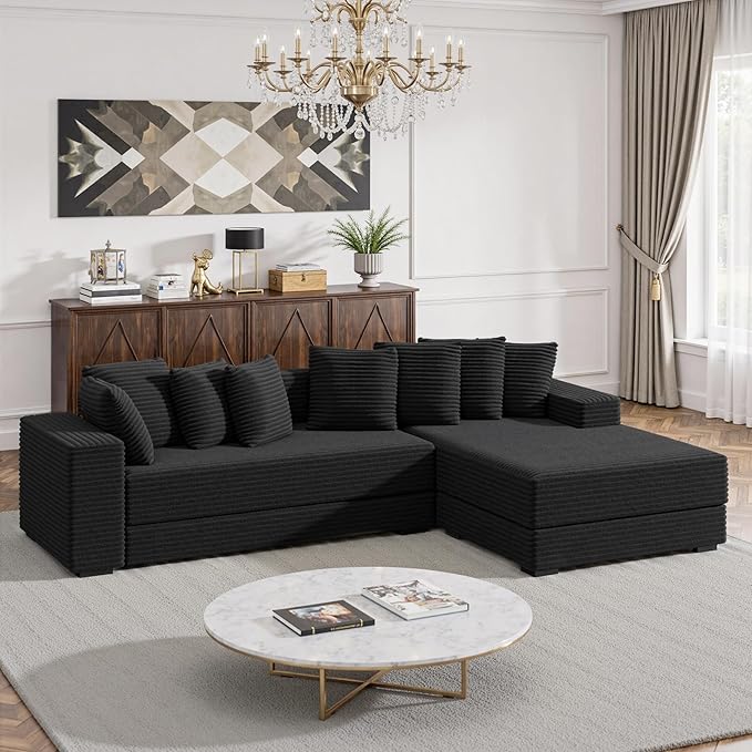 111'' Modular Sectional Cloud Couches with Chaise L Shaped Extra Large Sleeper Couch Reversible Fluffy Corduroy with 8pcs Pillows for Living Room(Black Right Facing Chaise)
