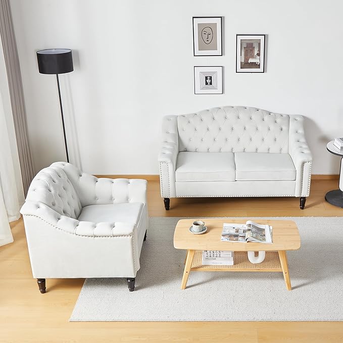 LEVNARY Chesterfield Loveseat Velvet Upholstered Sofa with Button-Tufted Back Mid-Century Modern Sofa with Solid Wood Legs 2 Seater Couches for Living Room (White)