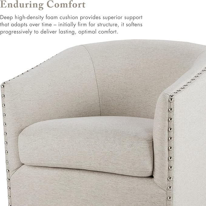 Madison Park Swivel Barrel Accent Chair Upholstered Curved Back with 7-Inch Thick Woven Cushion 360° Swivel Nailhead Trim Comfy Chair for Living Room Bedroom Office 28 Wide Neutral Tyler