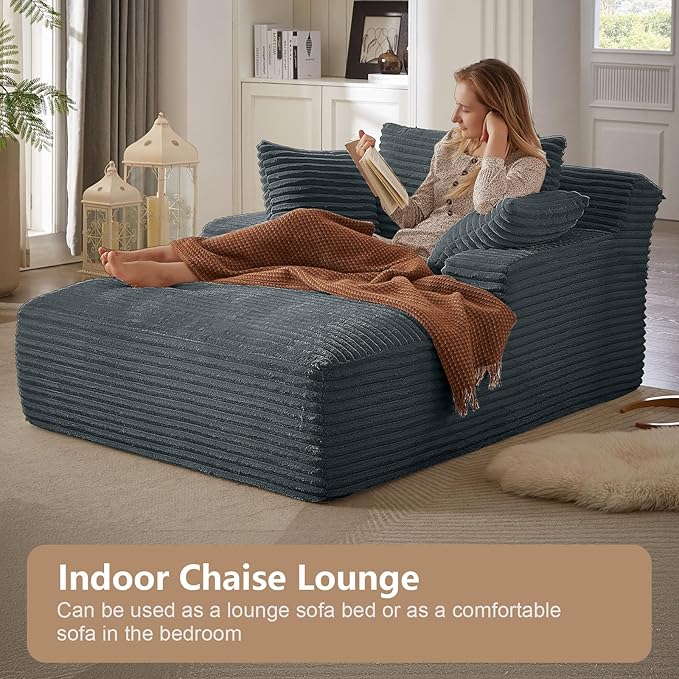 49.2Oversized Chaise Lounge Chair IndoorCorduroy Boneless Reading Chair with 3 PillowsDeep Seat Cloud Sofa BedComfy Modern Sleeper Chairs in Box for Living Room BedroomNo Assembly(Dark Grey)