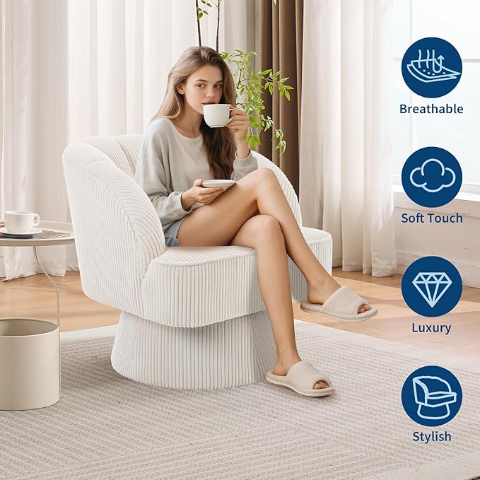 Mid Century Modern Swivel Barrel Chair - 360° Swivel Accent Chair with Plush Velvet Upholstery &amp Wide Cushioned Seat Round Lounge Sofa Chair for Living Room Bedroom Office (Beige 2 PCS)