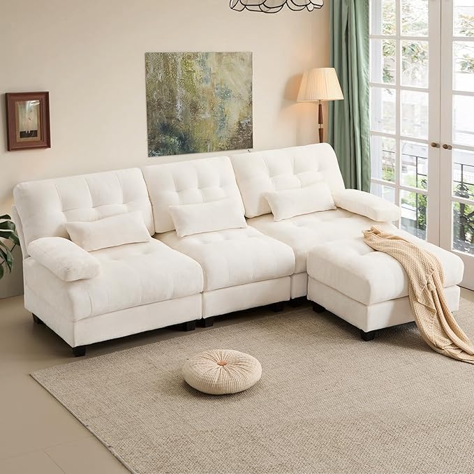 93'' Modular Sectional Sleeper Sofa with 1 OttomanDeep Seat Cloud Couch L Shaped Sofa camaConvertible Upholstered Comfy Chenille Sectional Sofa for Living RoomBedroom(Lvory)