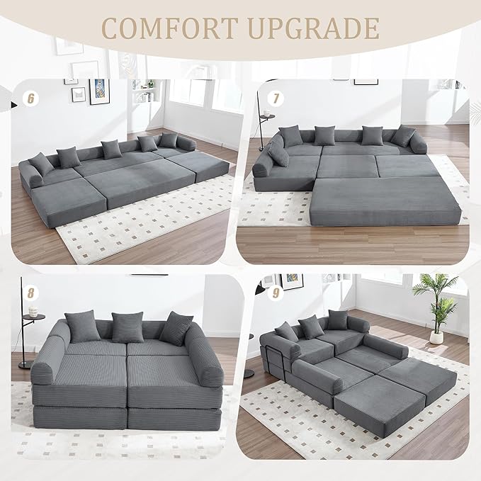 106 Oversized Convertible Sleeper Sofa Bed Corduroy L Shape Sectional Couch Folding Sofa Bed with Side Pocket Modern Cloud Floor Mattress Couch Modular Sofa for Living Room Gray